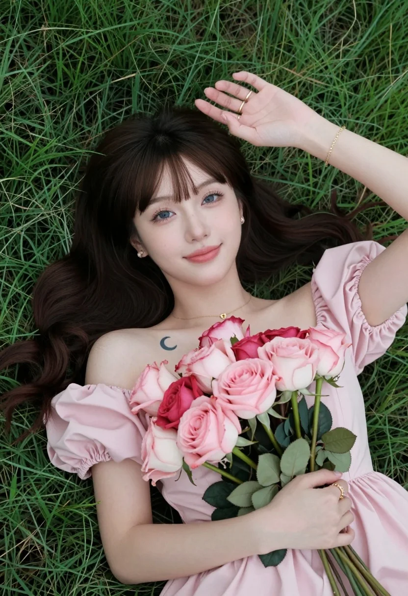 Fair skinned woman with dark hair lying in lush green grassy field - AI generated image prompt sample