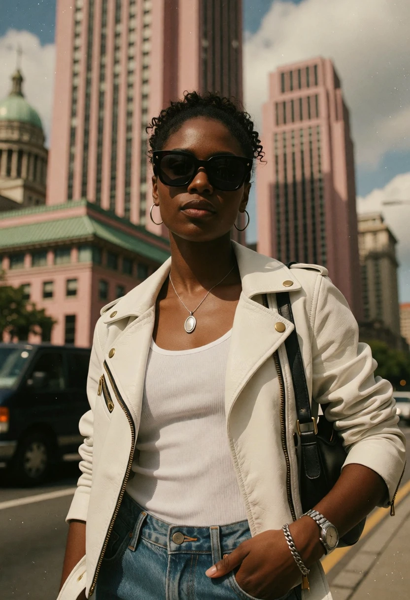 Black woman in leather jacket on city street with pink skyscrapers - AI generated image prompt sample