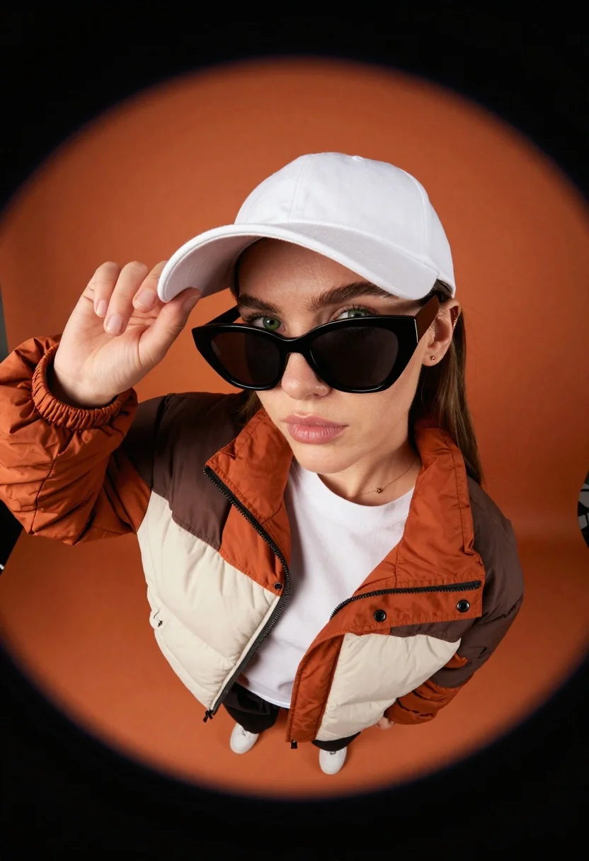 Young woman in puffer jacket and white cap looking up at camera - AI generated image prompt sample