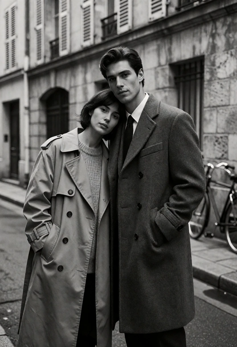Couple in trench coats on a narrow paved alleyway street - AI generated image prompt sample