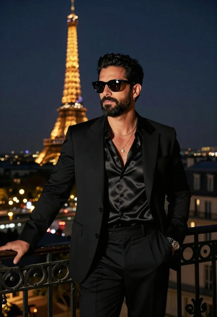 Stylish man on balcony overlooking eiffel tower at night