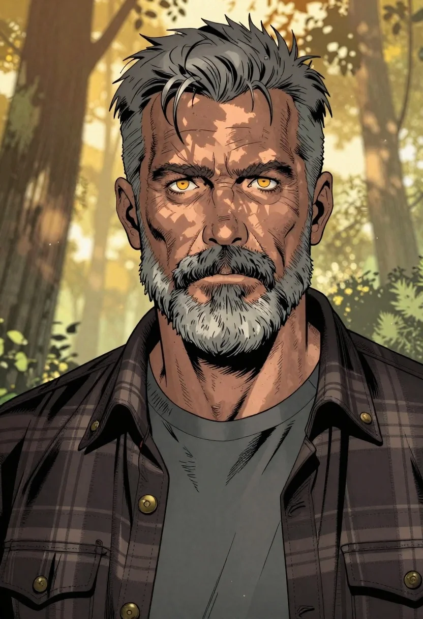 Weathered man in plaid shirt against golden forest background - AI generated image prompt sample