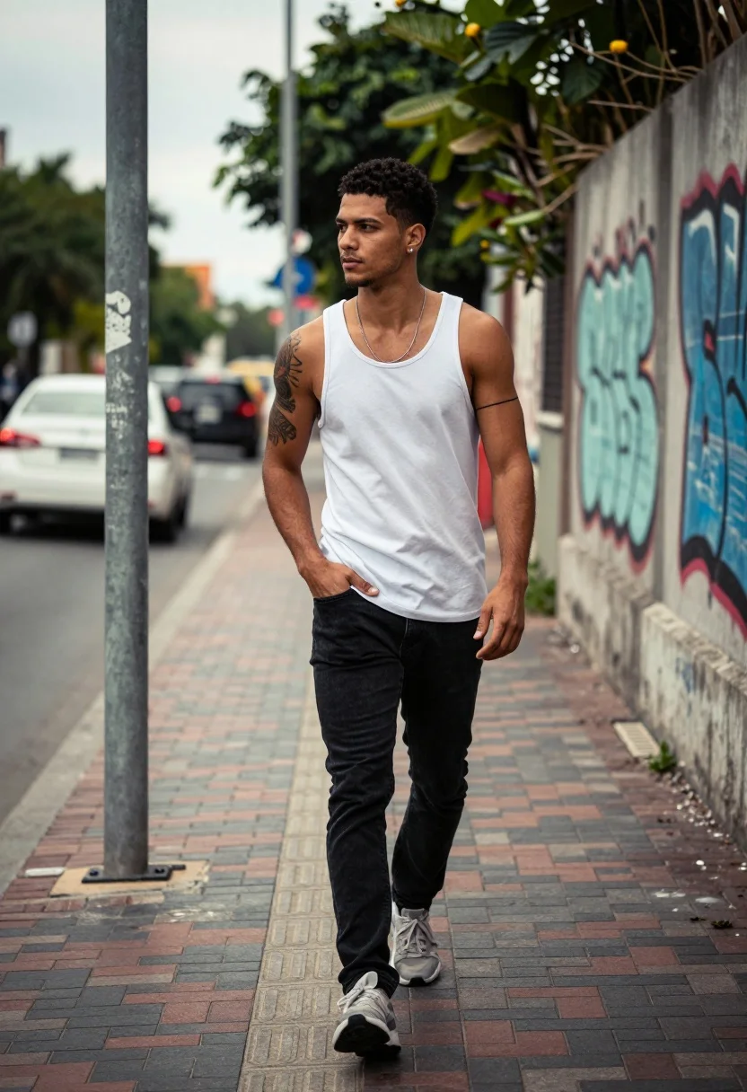 Young dark skinned man walking down an urban sidewalk near colorful graffiti - AI generated image prompt sample