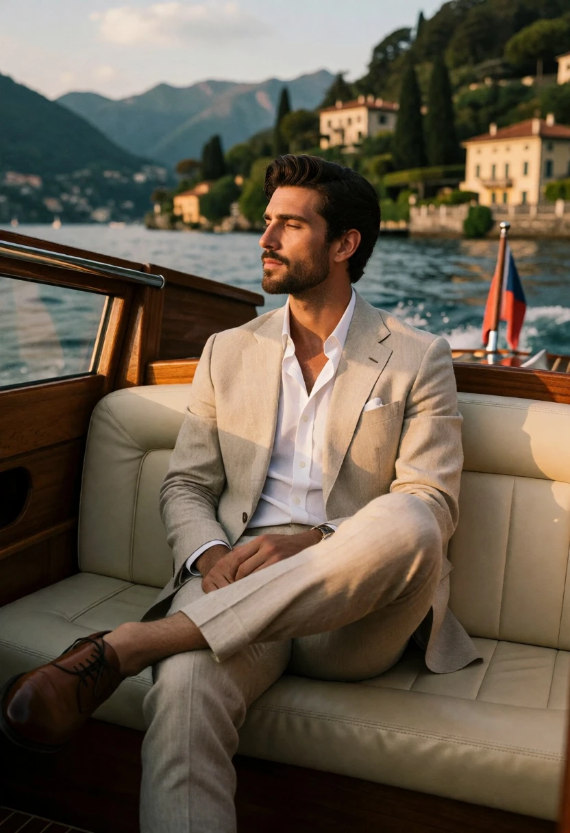 Handsome man in beige linen suit sitting on boat by calm lake - AI generated image prompt sample