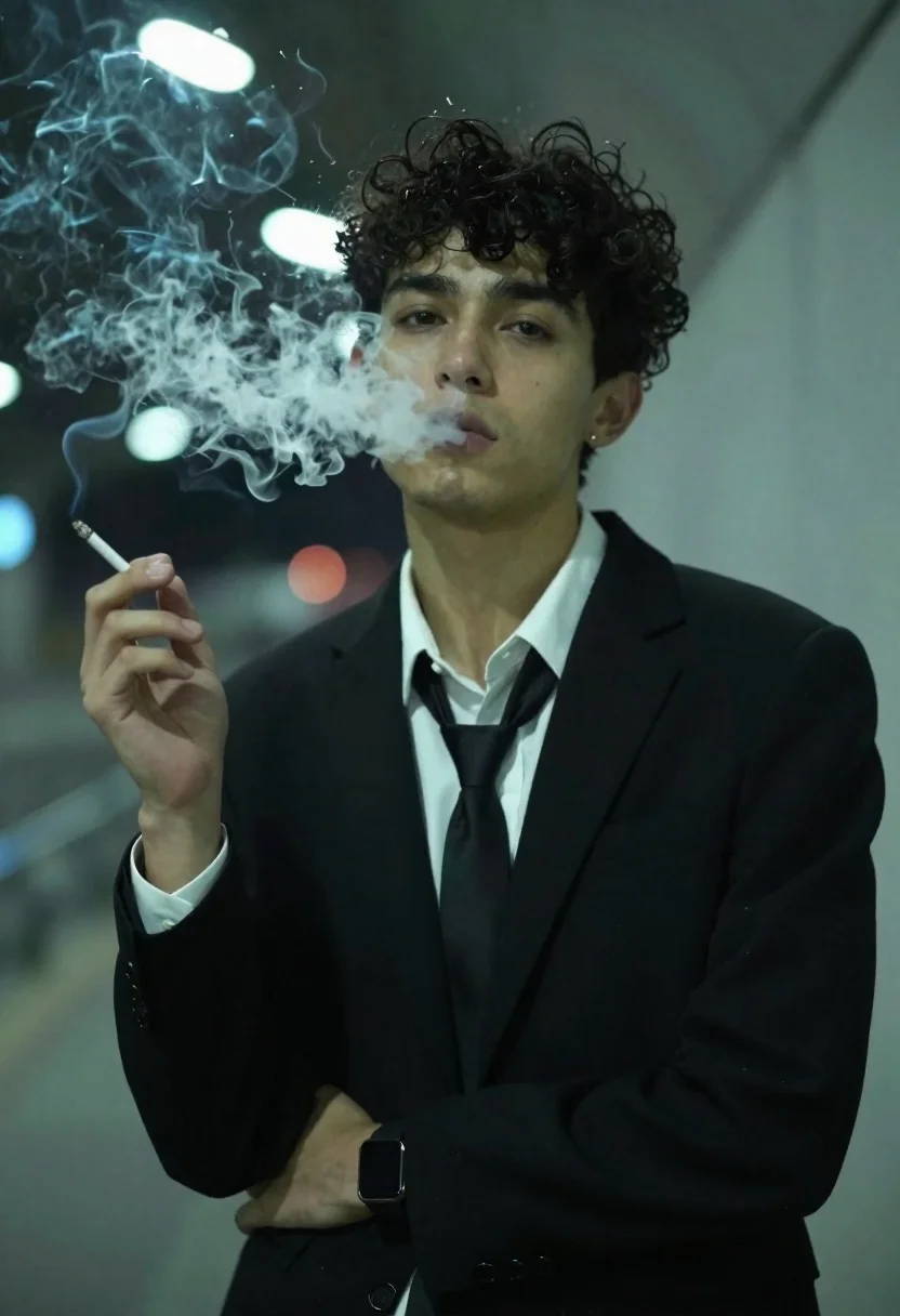 Young man in black suit exhaling smoke in dimly lit urban setting - AI generated image prompt sample