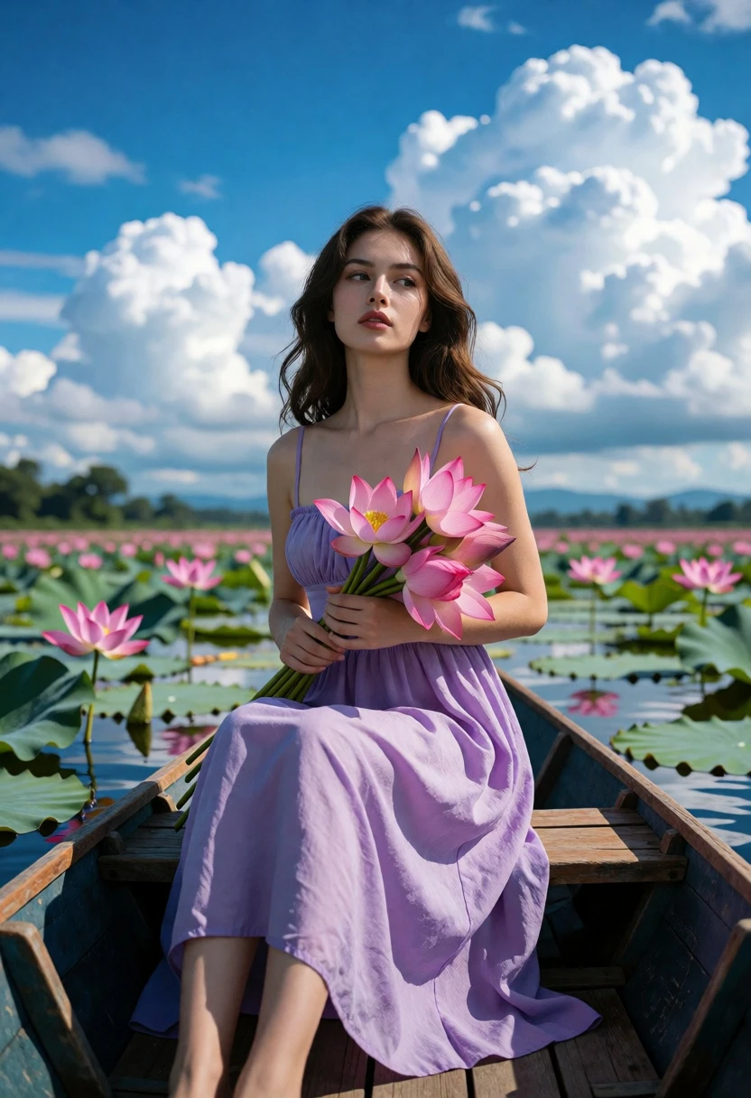 Woman in boat on lotus lake under bright blue sky with white - AI generated image prompt sample