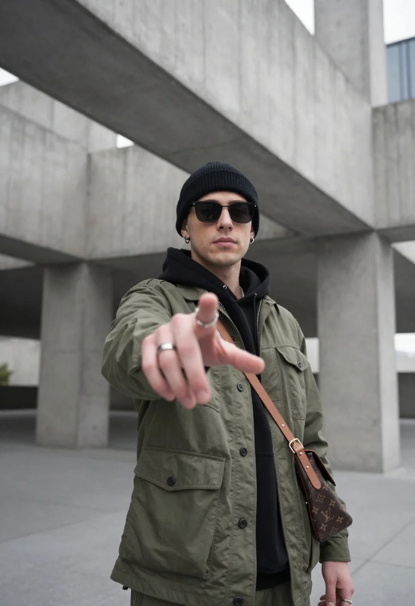 Young man reaching hand in modern concrete architectural space low angle - AI generated image prompt sample