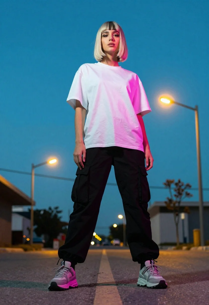Model in white t shirt and cargo pants at twilight