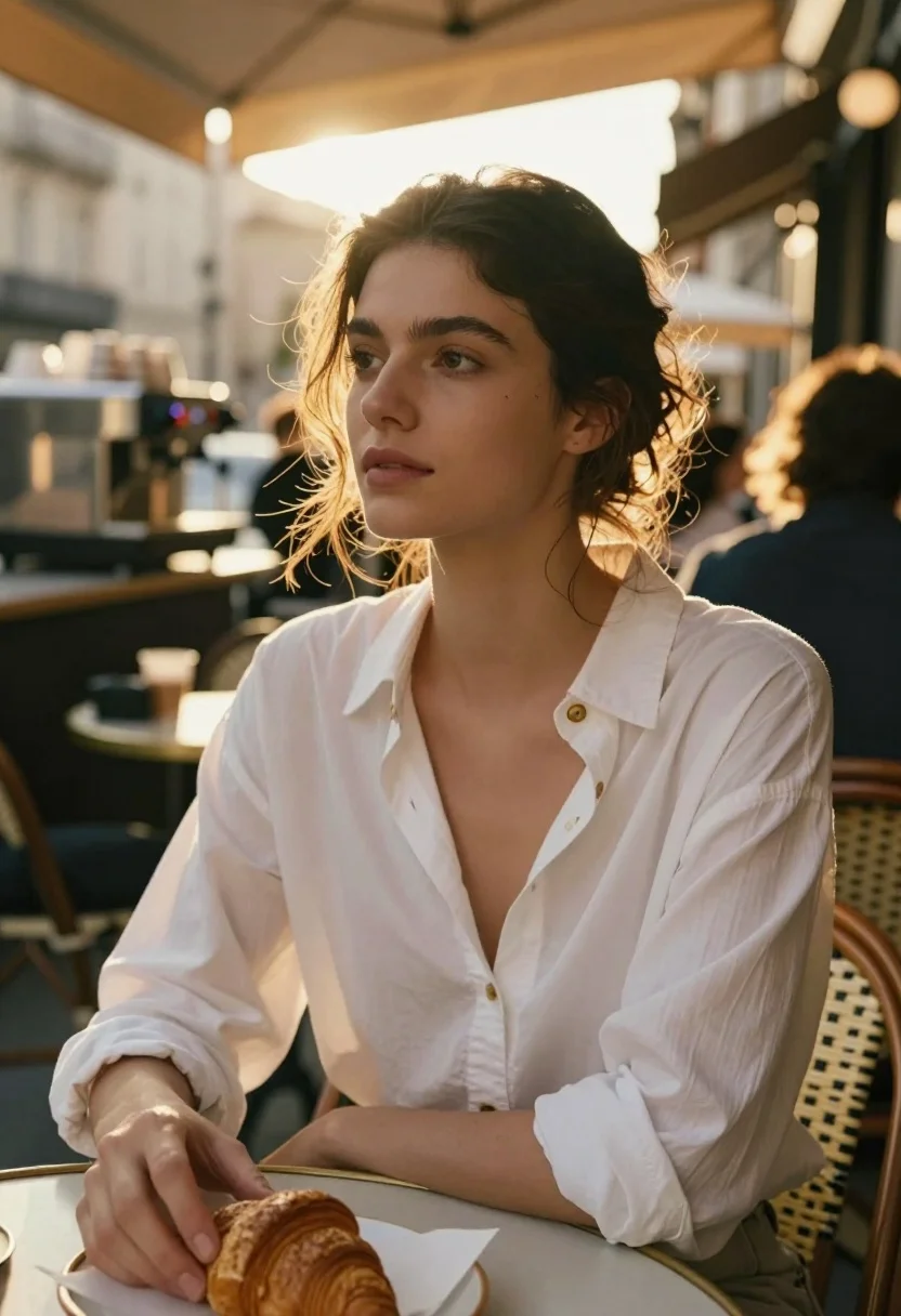 Young woman at outdoor cafe table bathed in late afternoon golden sunlight - AI generated image prompt sample