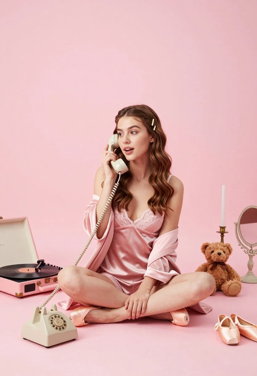 Young woman in pink lingerie sitting on floor with vintage rotary phone - AI generated image prompt sample