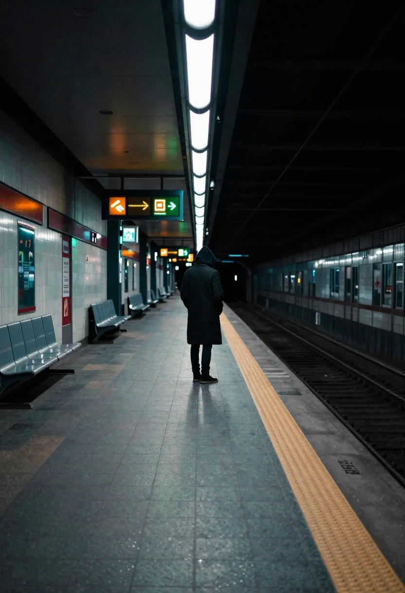 Solitary figure in a dark subway station platform