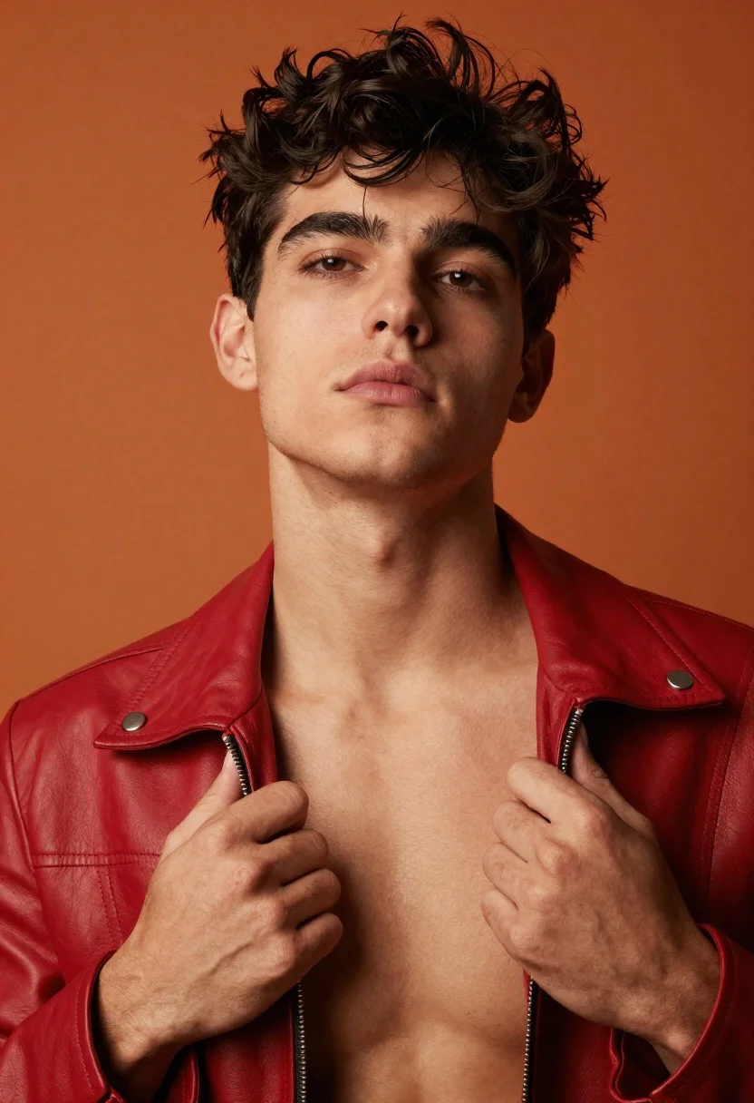 Handsome young man in red leather jacket looking up studio portrait - AI generated image prompt sample