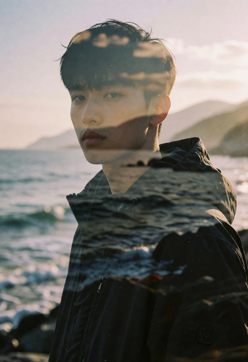 Young man silhouette layered over coastal seascape double exposure photograph - AI generated image prompt sample