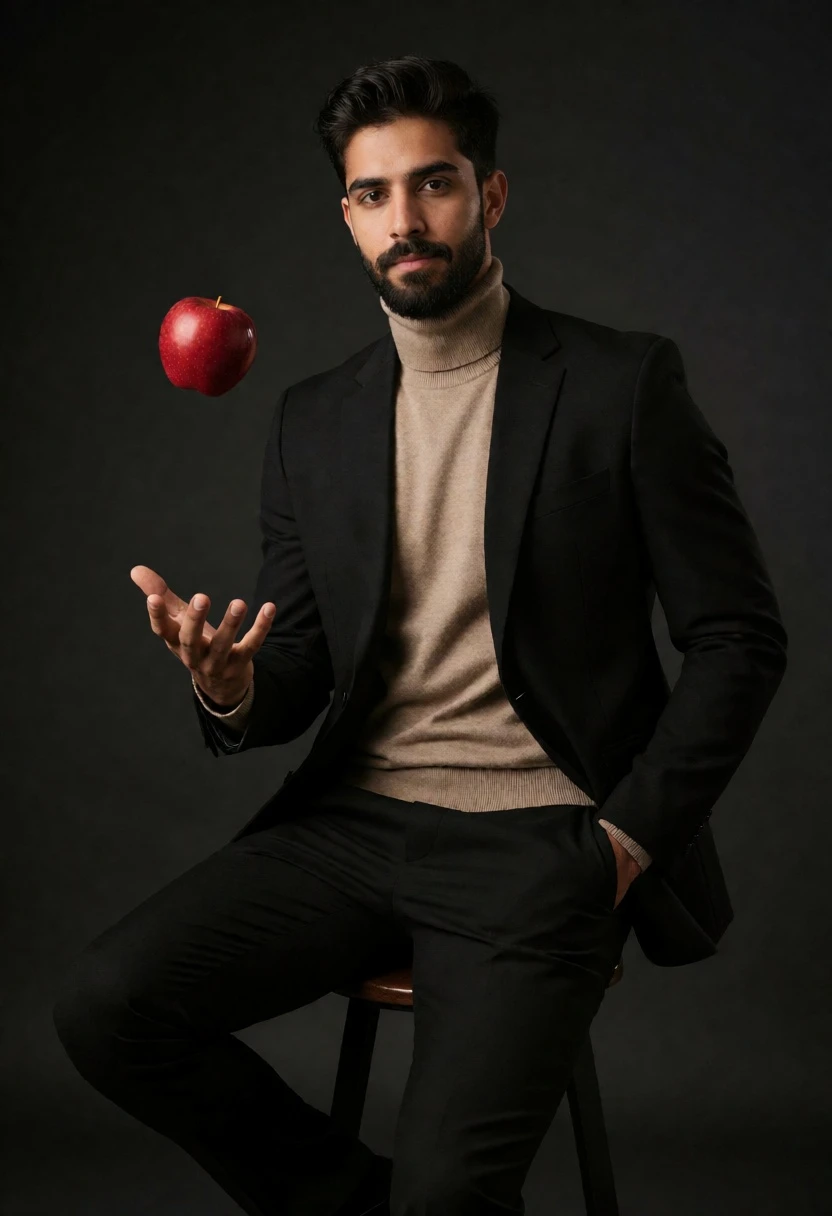 Man in black suit tossing red apple while seated against dark studio - AI generated image prompt sample