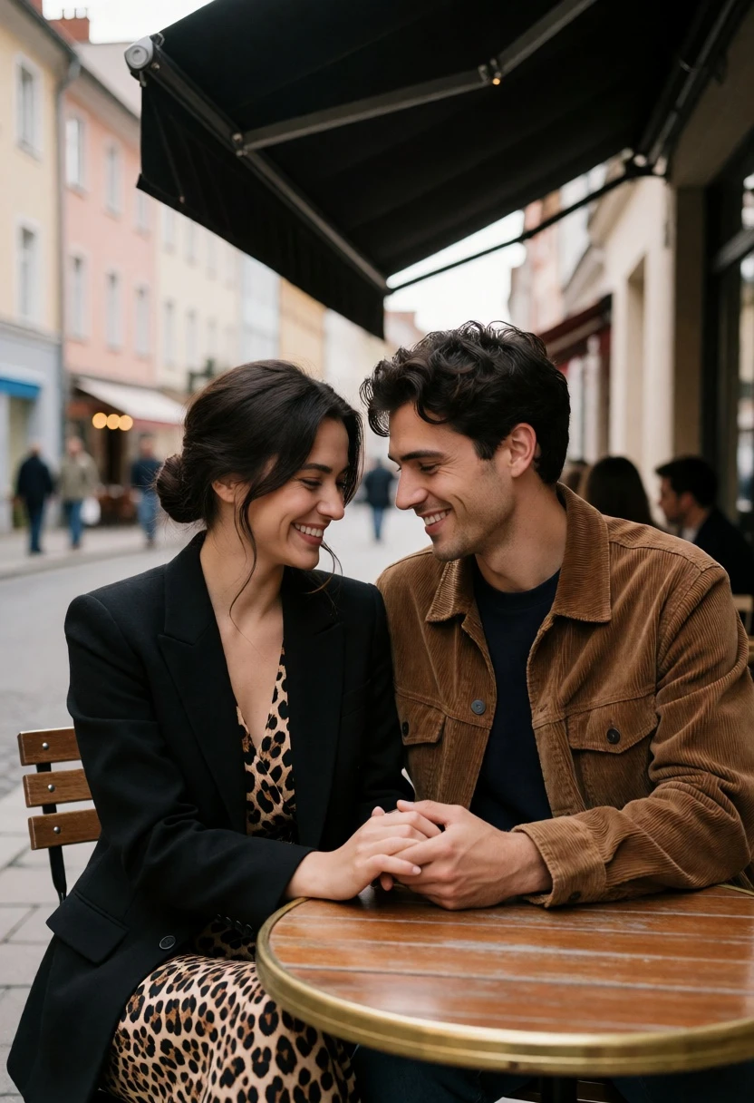 Couple holding hands at outdoor cafe table under black awning street scene - AI generated image prompt sample