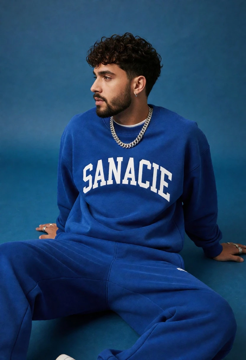 Young man in royal blue tracksuit sitting against solid blue studio backdrop - AI generated image prompt sample