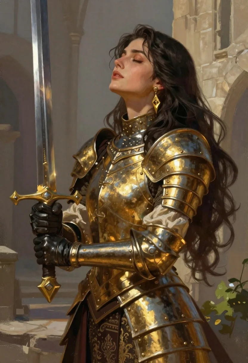 Fantasy warrior woman with ornate sword in stone courtyard
