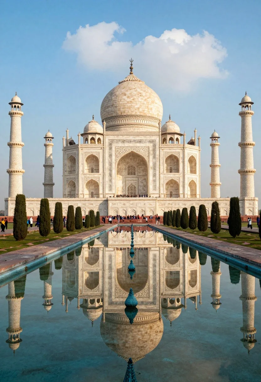 Majestic view of taj mahal reflecting perfectly in long calm pool water - AI generated image prompt sample