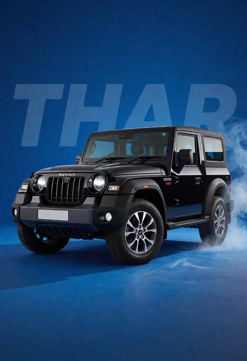 Black mahindra thar suv in studio against solid blue backdrop - AI generated image prompt sample