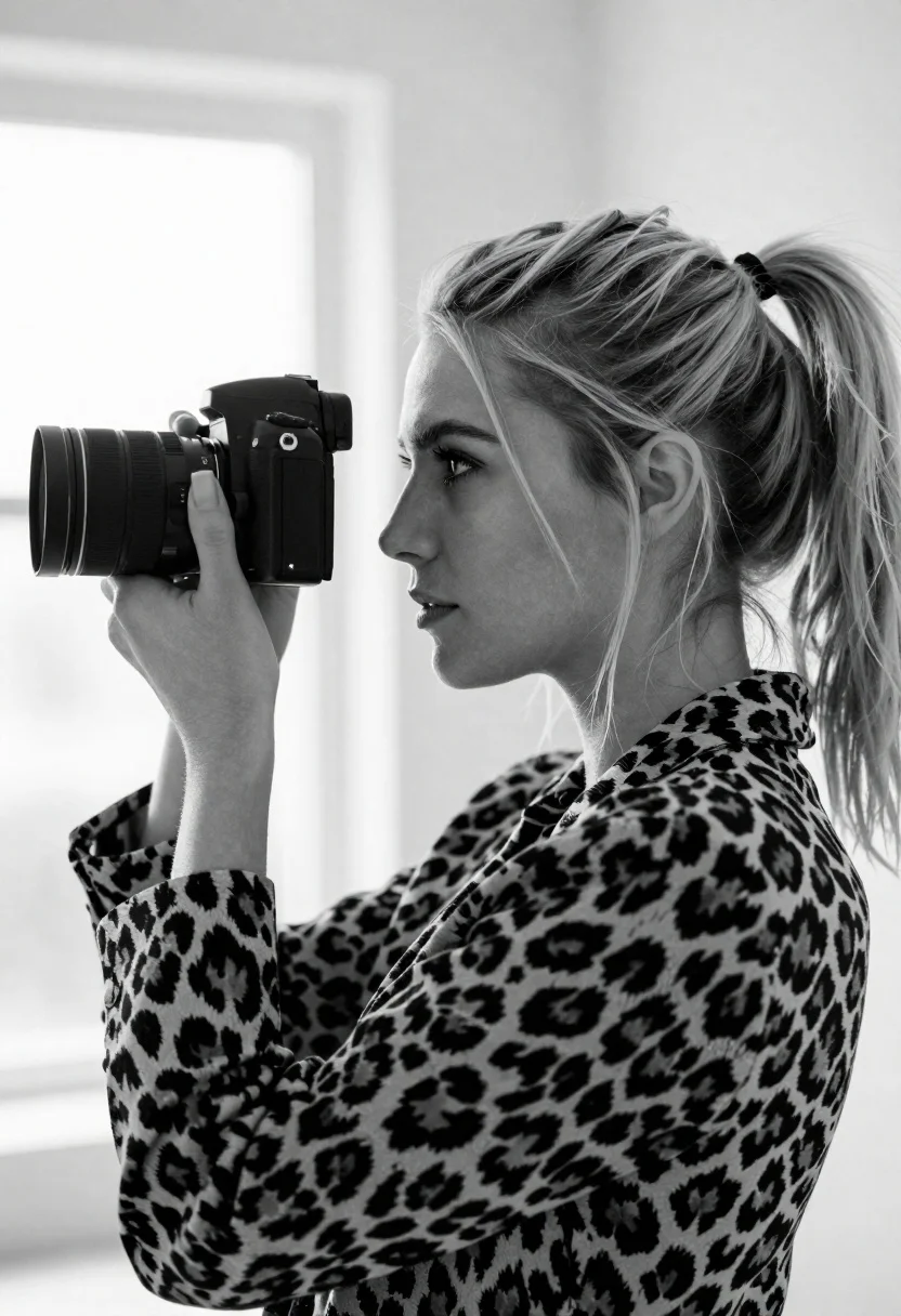 Blonde woman taking photograph in profile against bright minimalist background - AI generated image prompt sample