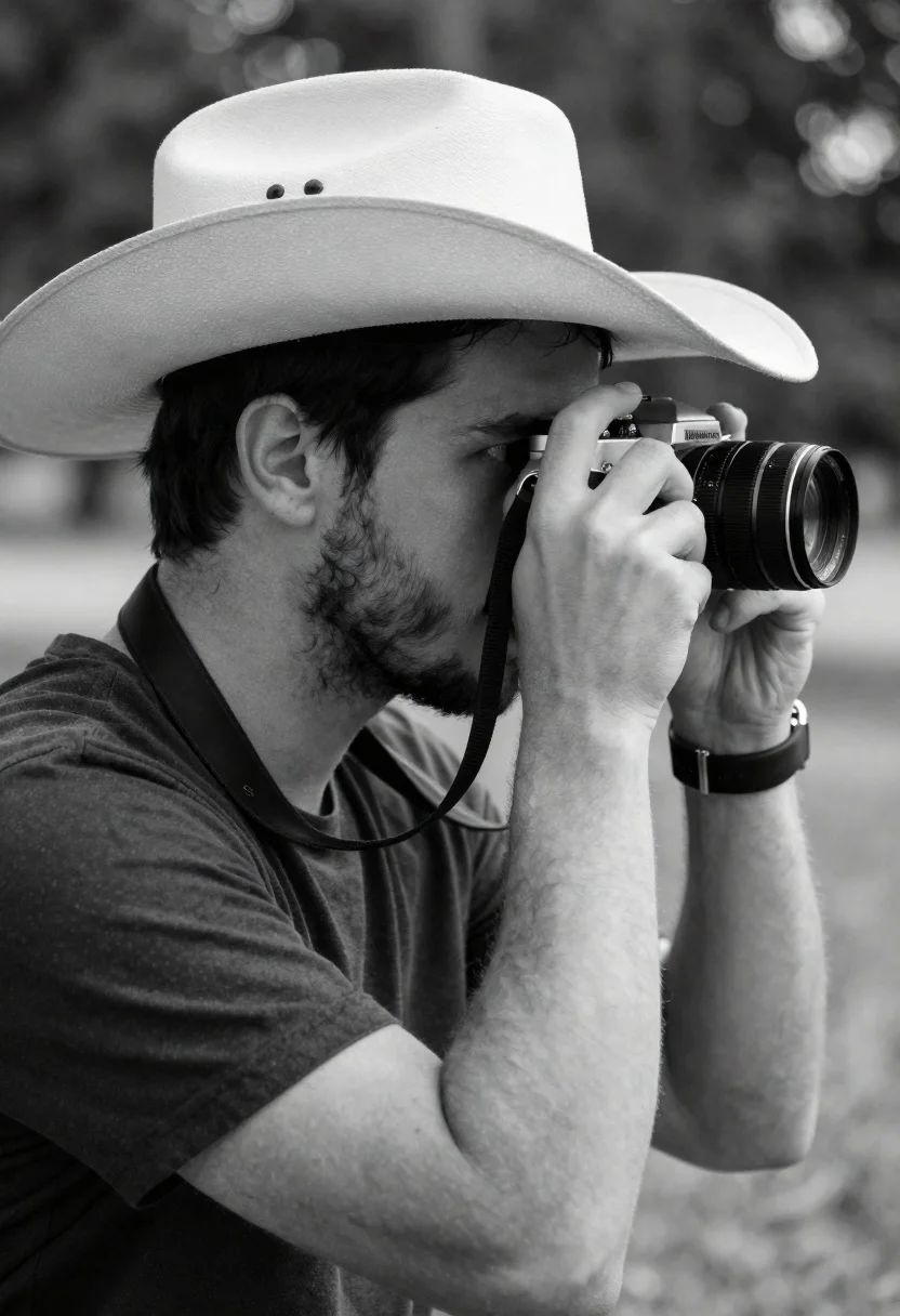 Man with cowboy hat holding vintage camera in profile portrait - AI generated image prompt sample