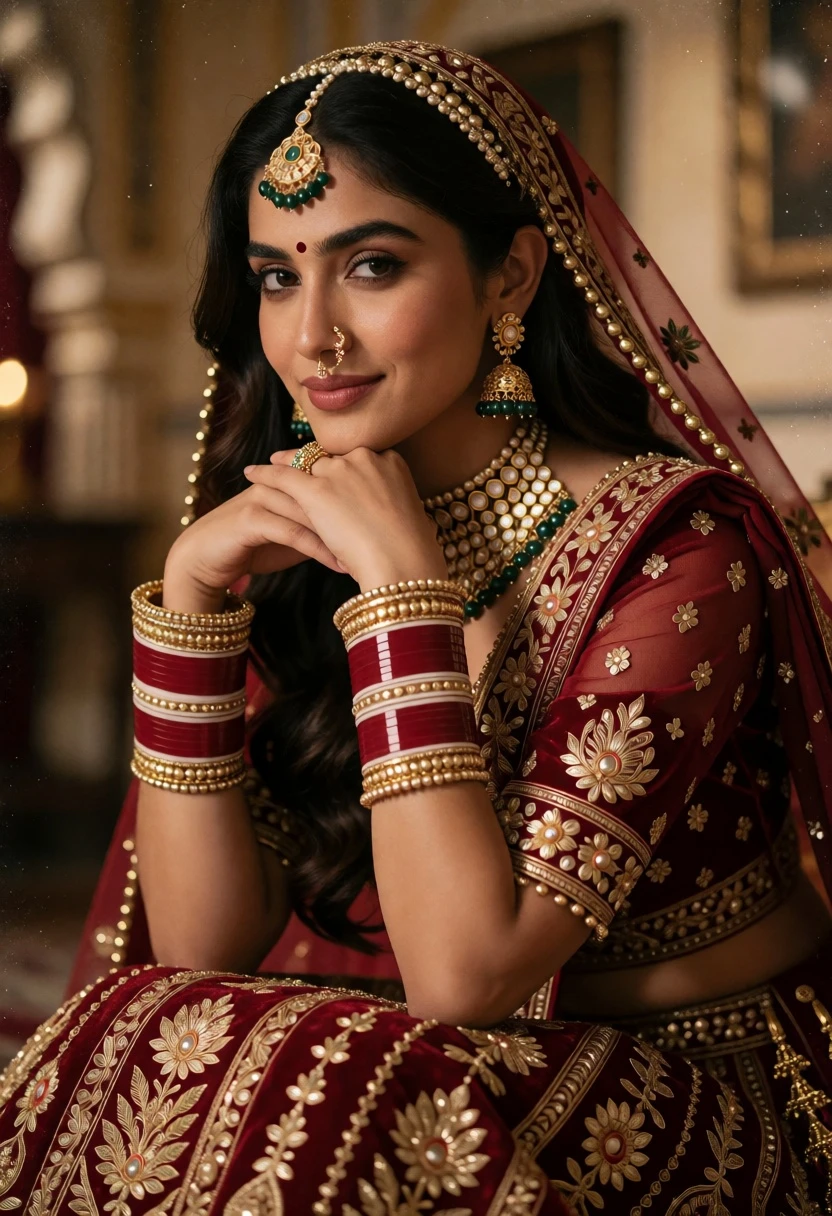 Close up portrait of woman in ornate maroon bridal lehenga indoors - AI generated image prompt sample