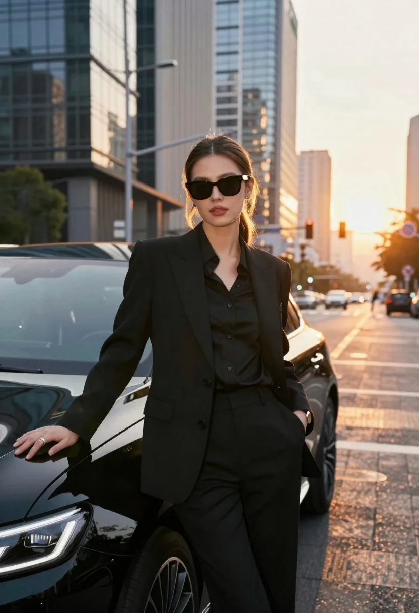 Confident woman in black suit leaning on car at sunset city street - AI generated image prompt sample