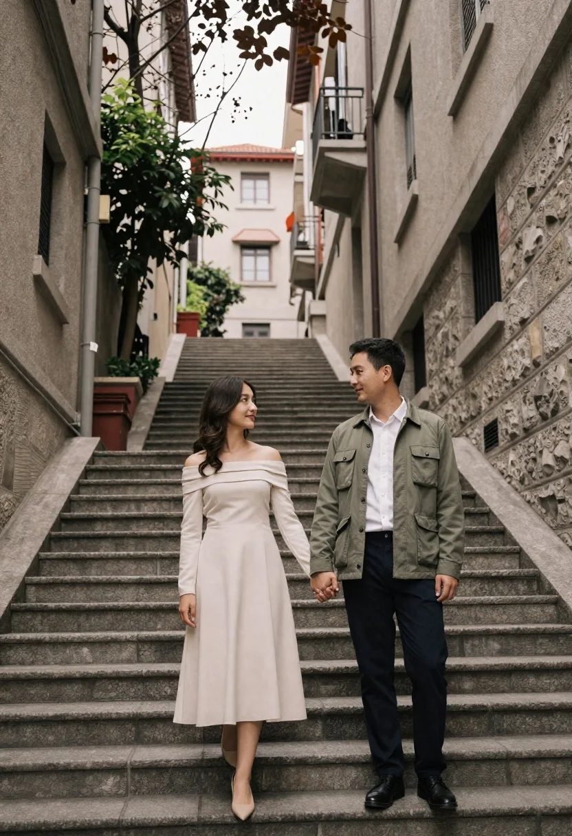 Romantic couple holding hands on grand stone staircase in narrow city alleyway - AI generated image prompt sample