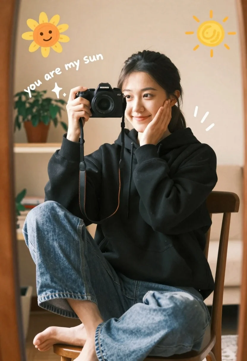Young woman with dark hair holding camera in a sunny room - AI generated image prompt sample