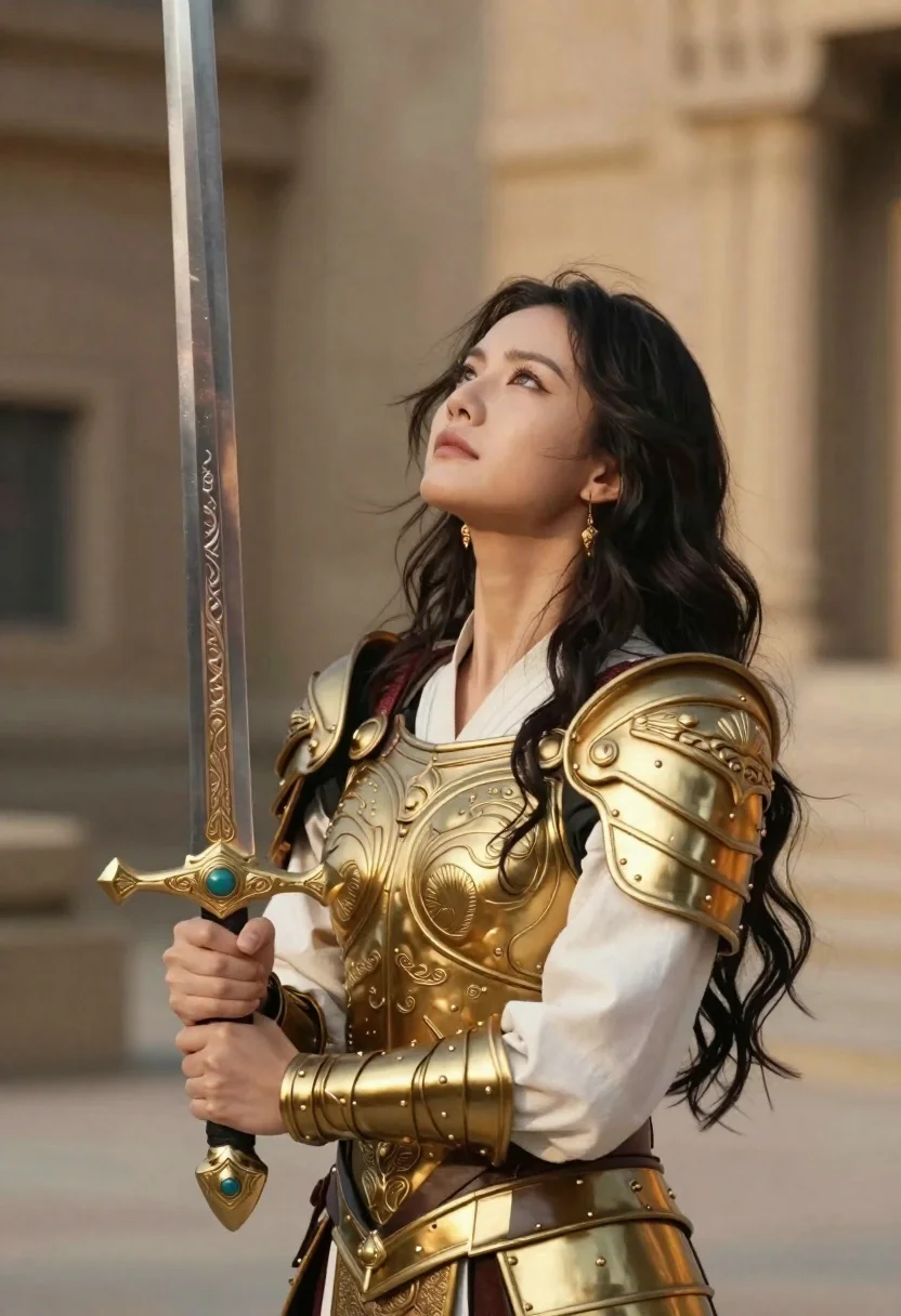 Female warrior in golden armor holding sword outdoors - AI generated image prompt sample
