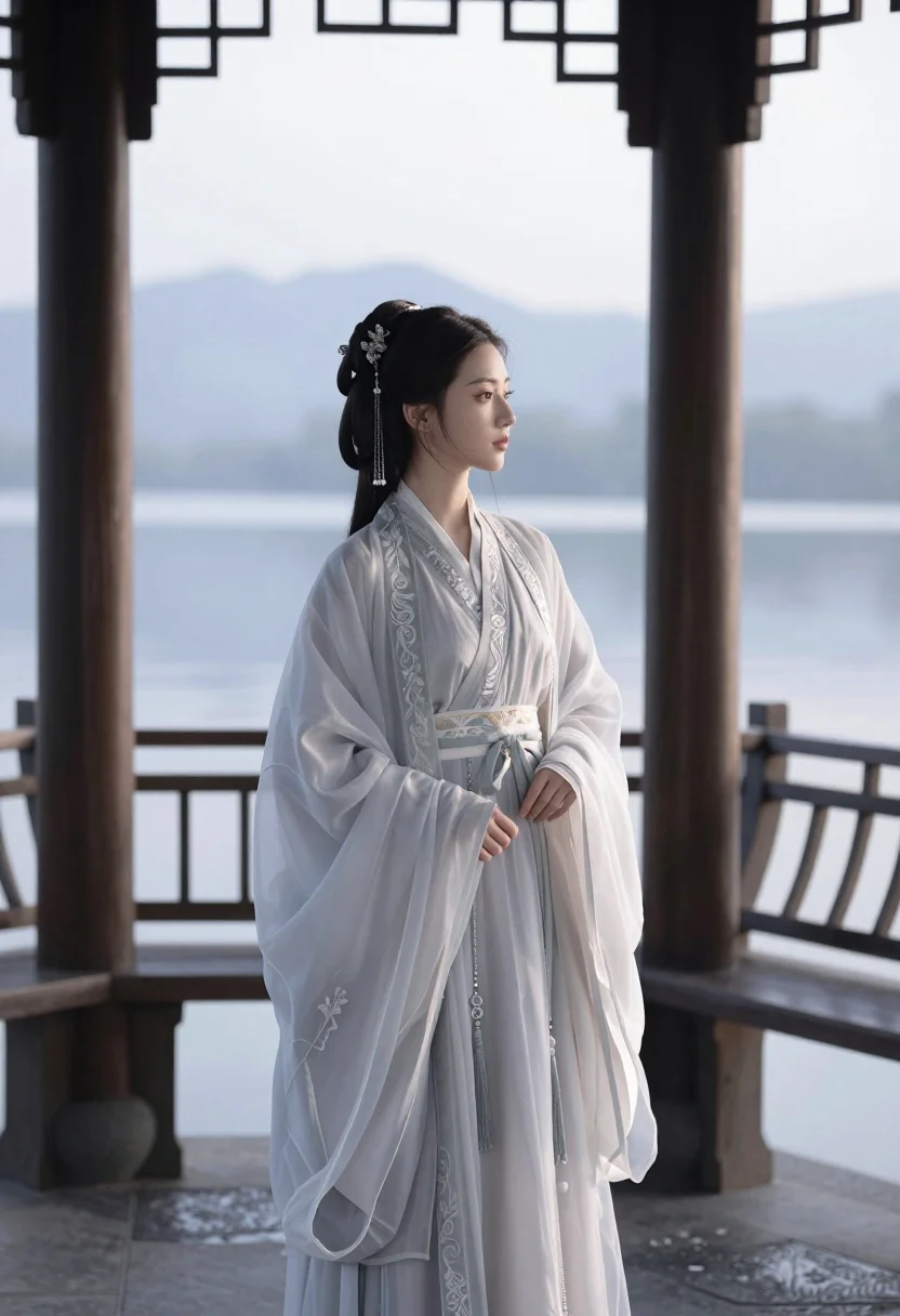 East asian woman in hanfu on wooden balcony overlooking misty lake mountains - AI generated image prompt sample