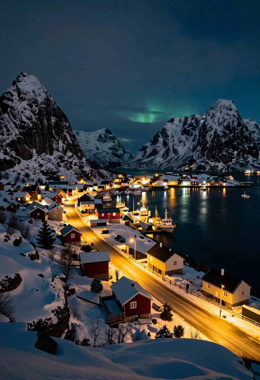 Aerial view of a snowy coastal village by fjord mountains under starry - AI generated image prompt sample