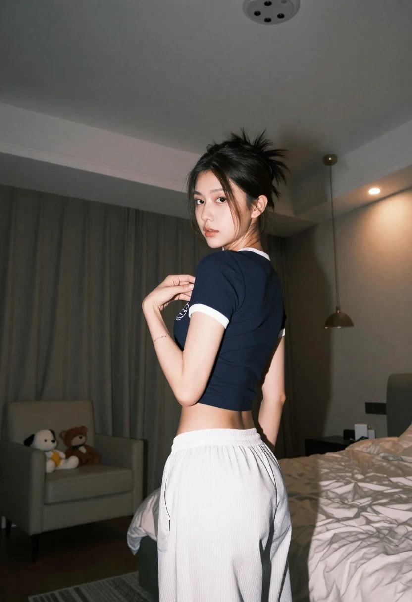 Young woman in navy crop top looking over shoulder in bedroom - AI generated image prompt sample
