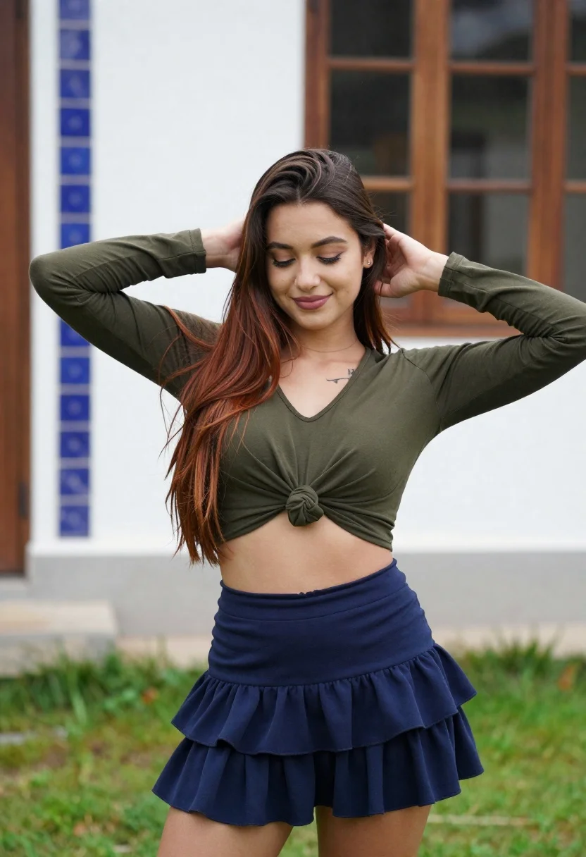 Young woman adjusting brown hair outdoors near blue tiled building wall