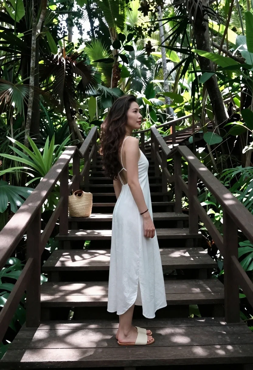 Woman in white slip dress on wooden boardwalk through jungle foliage