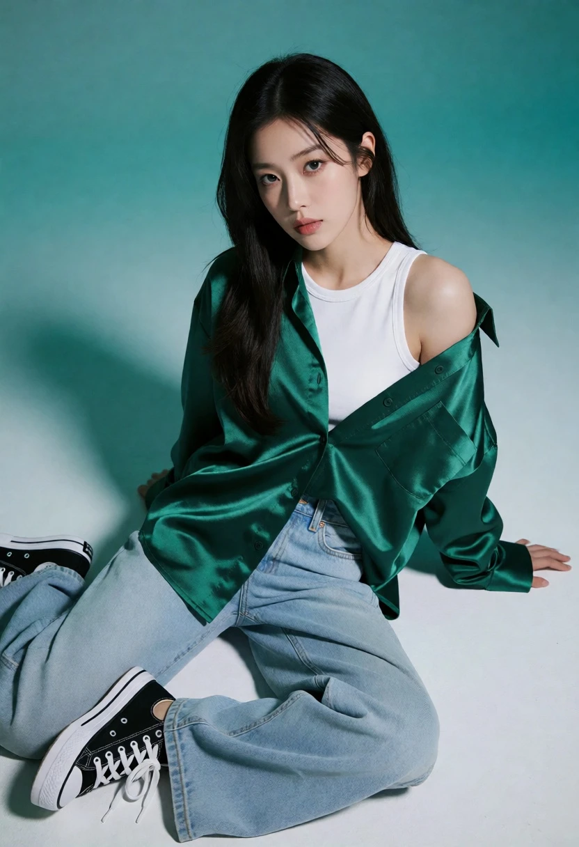 Woman in emerald shirt and jeans seated on white floor against teal - AI generated image prompt sample