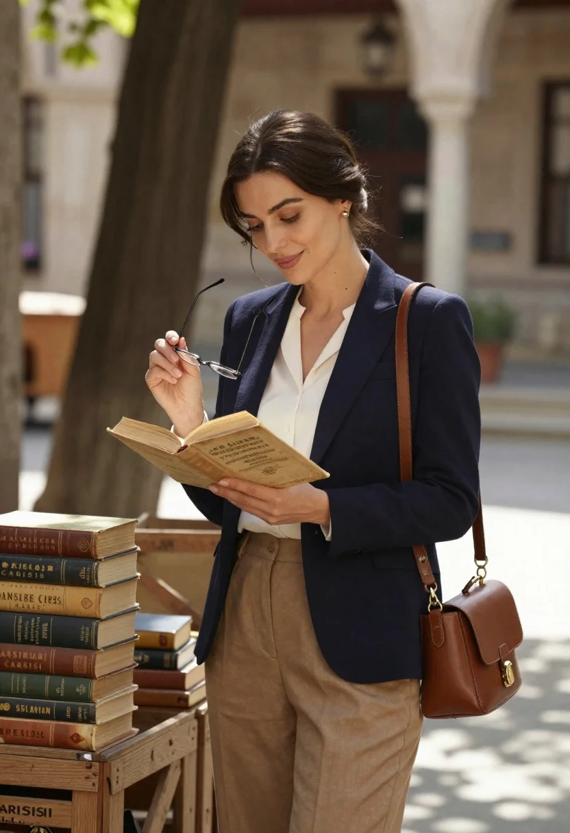 Woman reading book outdoors in sunlit courtyard near wooden crates - AI generated image prompt sample