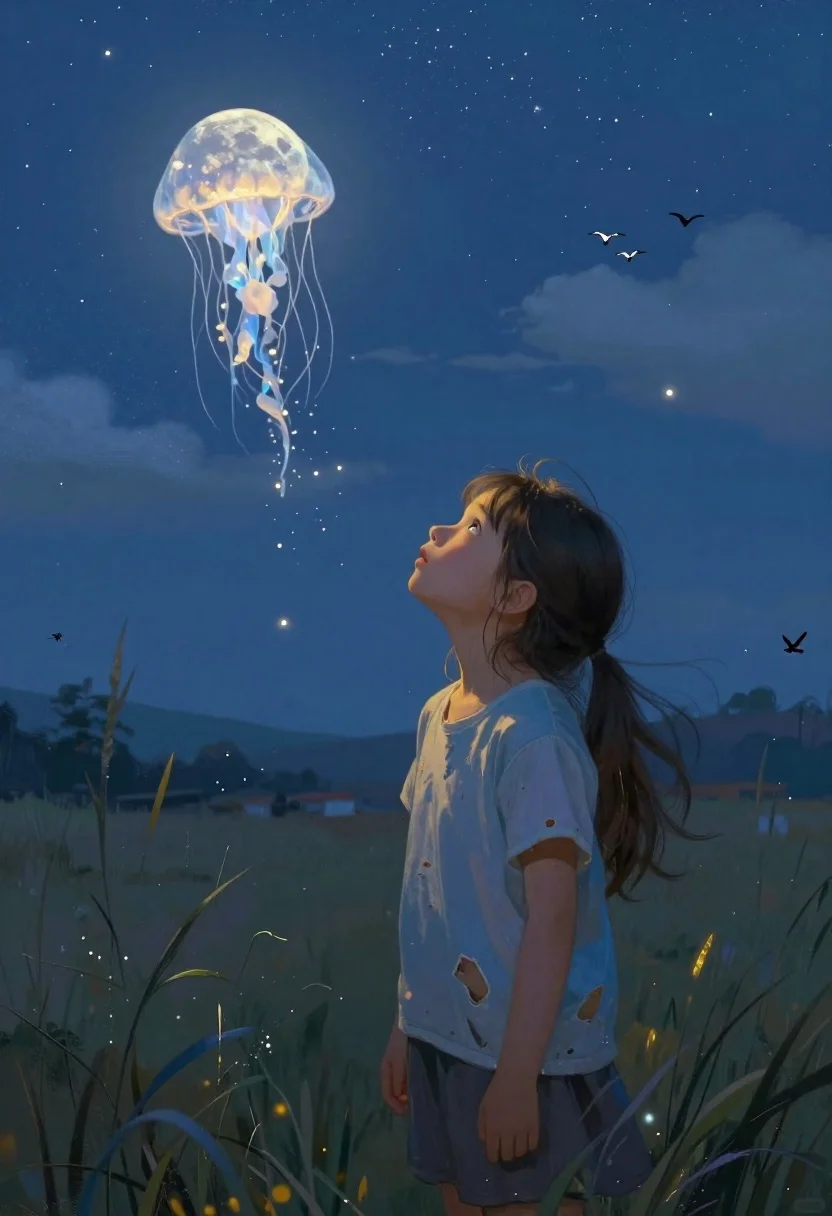 Girl in field under starry sky with glowing moon
