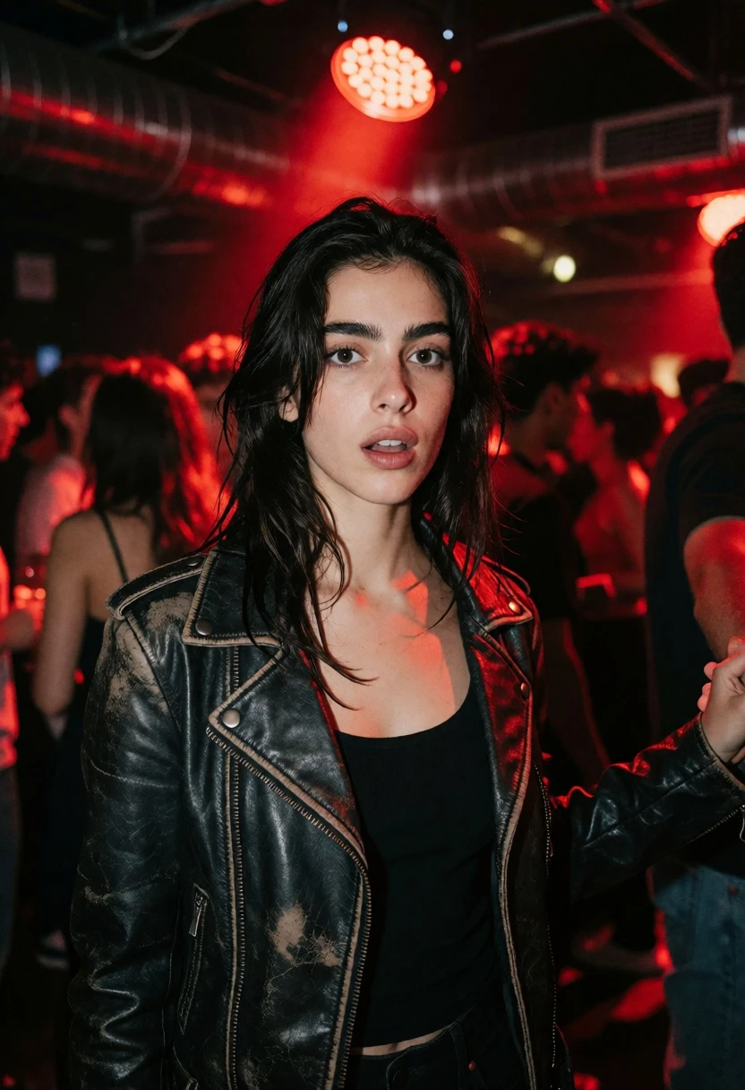 Young woman in leather jacket at crowded nightclub under intense red light - AI generated image prompt sample