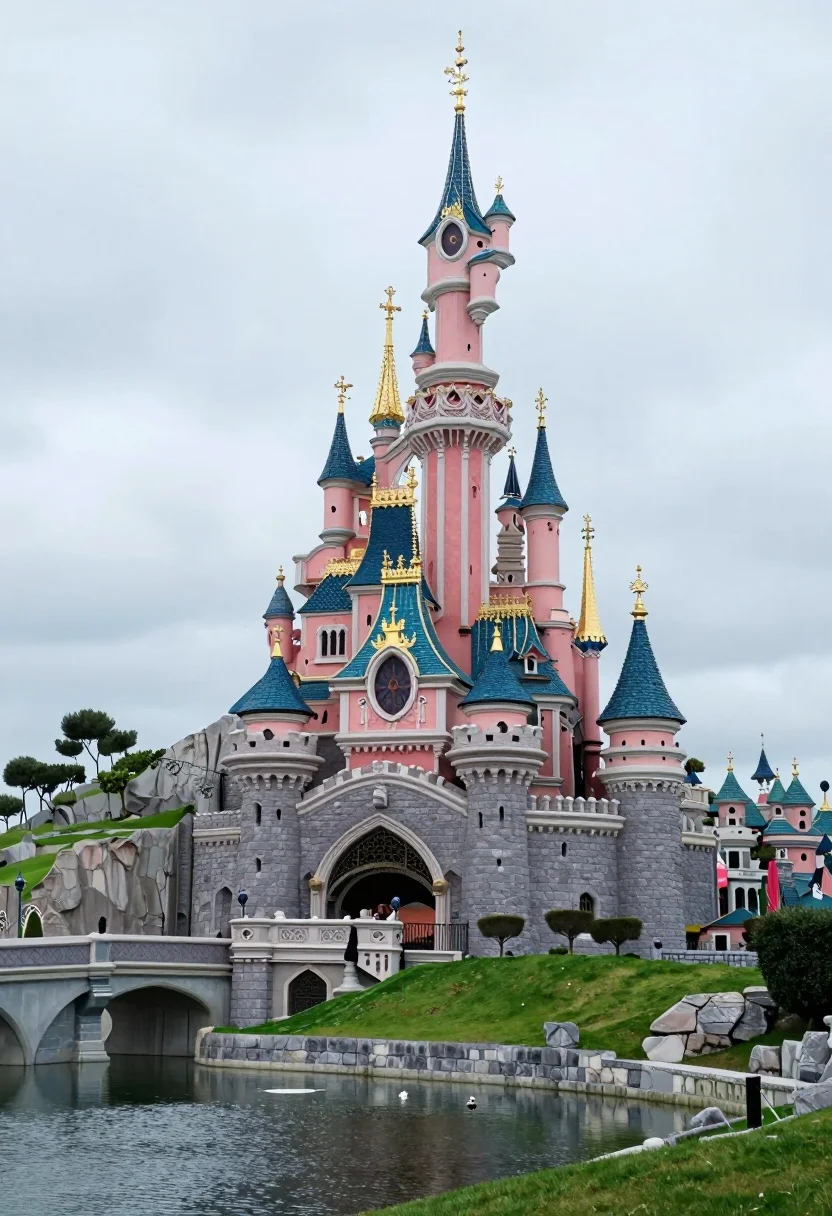 Majestic pink fairytale castle with blue roofs on a green hillside - AI generated image prompt sample