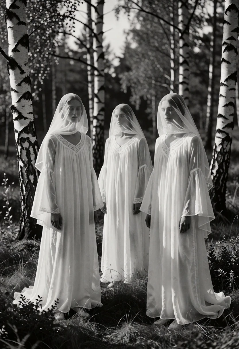 Three figures in flowing white robes among birch trees in black and - AI generated image prompt sample