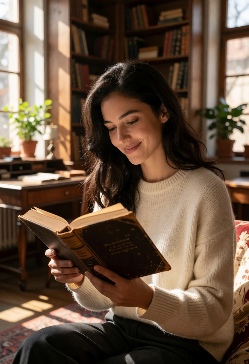 Young woman reading vintage book in cozy room with natural sunlight - AI generated image prompt sample