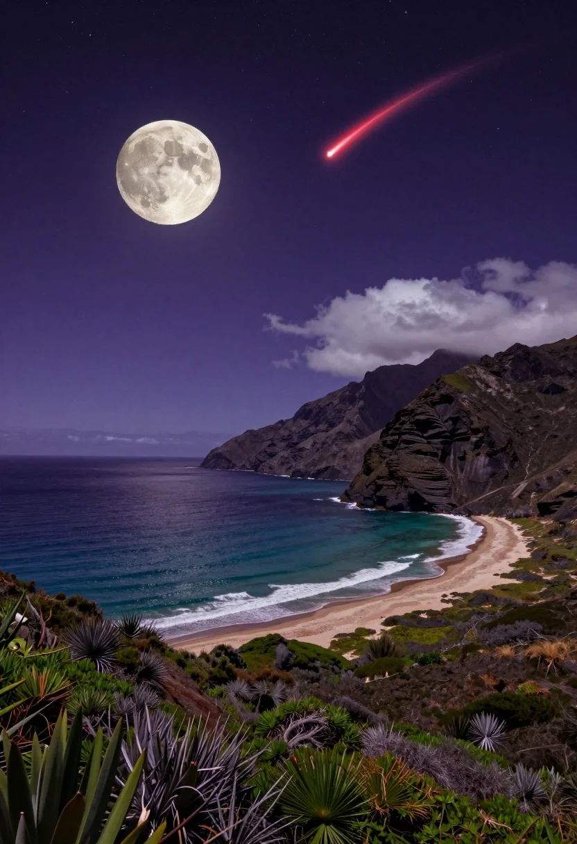 Surreal landscape view of bay under crescent moon and shooting star - AI generated image prompt sample