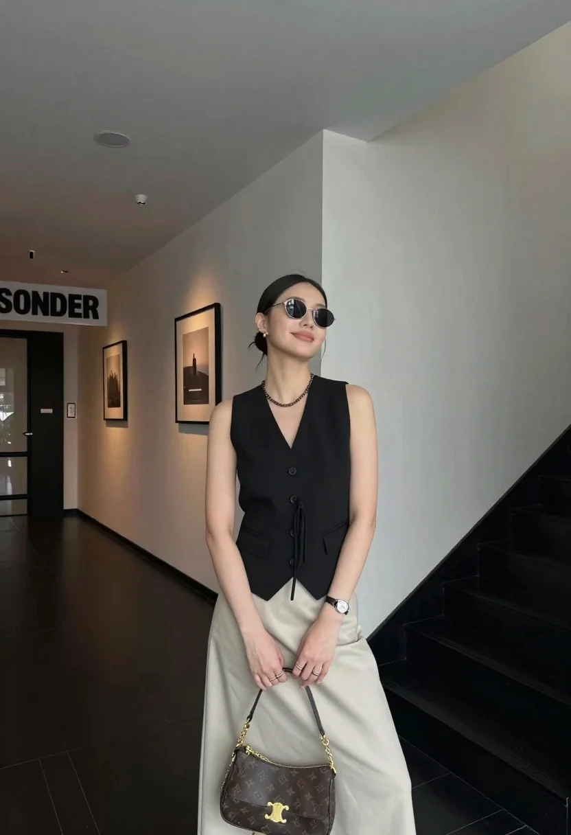 Stylish young woman posing in modern interior hallway lobby setting