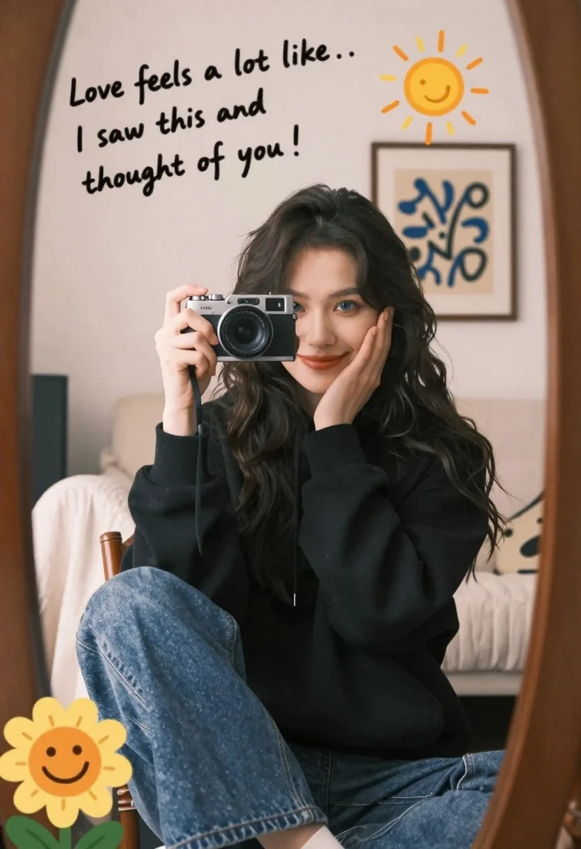Young woman taking mirror selfie with film camera in cozy bedroom - AI generated image prompt sample