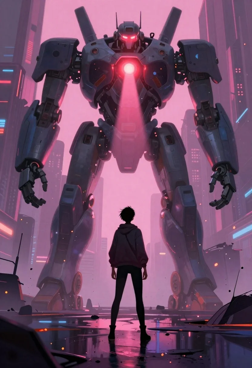Human standing before colossal mech robot in futuristic wasteland - AI generated image prompt sample