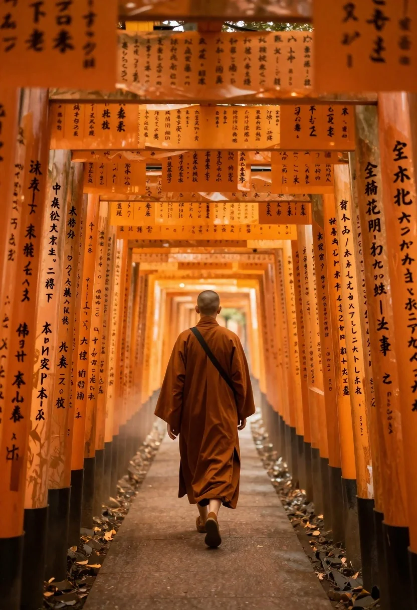 Monk walking through an endless tunnel of calligraphy scrolls