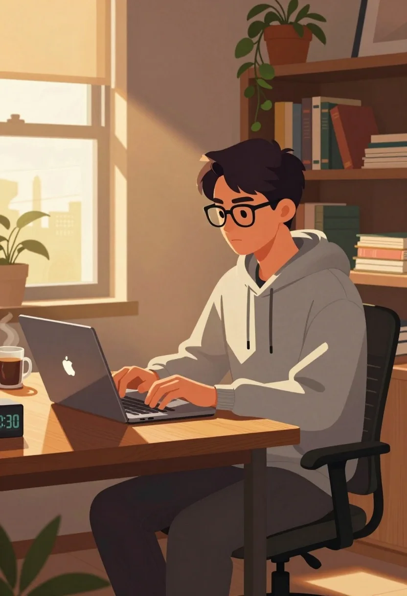 Young man typing on laptop at wooden desk in sunlit cozy room - AI generated image prompt sample
