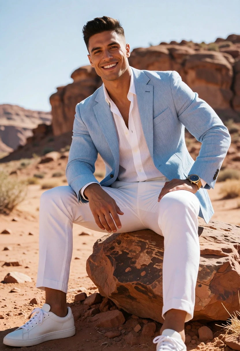 Fit man in light blue blazer sits confidently on rock in desert - AI generated image prompt sample