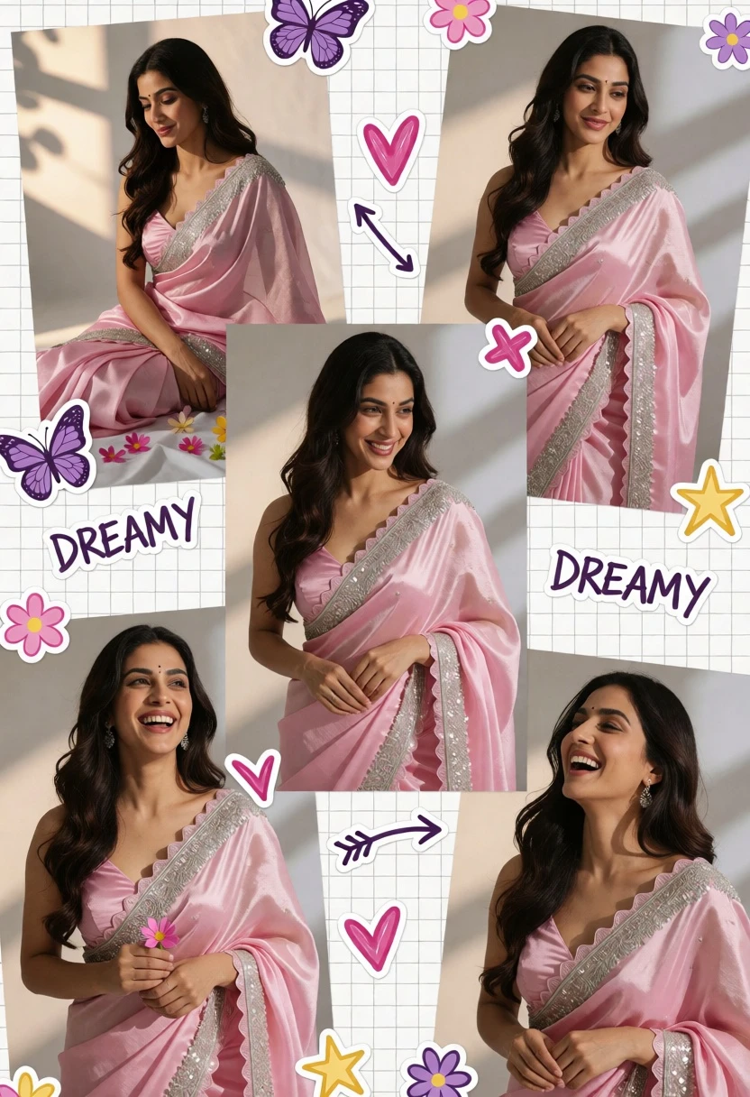 Collage of photographs featuring woman in pink saree on white grid background - AI generated image prompt sample